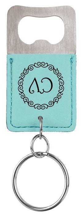 2.75 x 1.5 in. Rectangle Leatherette Bottle Opener Keychain teal/black — catalog reference 873