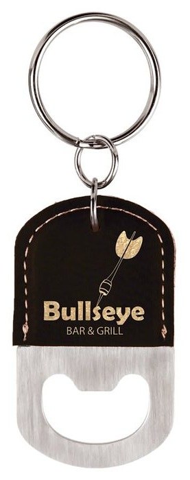 2.5 x 1.5 in. Oval Leatherette Bottle Opener Keychain black/gold — catalog reference 876