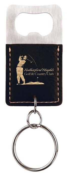 2.75 x 1.5 in. Rectangle Leatherette Bottle Opener Keychain black/gold — catalog reference 869
