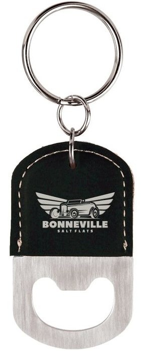 2.5 x 1.5 in. Oval Leatherette Bottle Opener Keychain black/silver — catalog reference 879