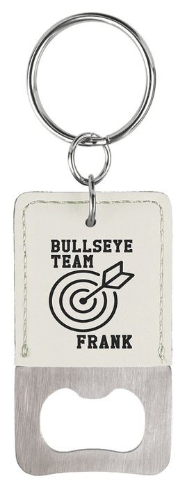 2.75 x 1.5 in. Rectangle Leatherette Bottle Opener Keychain white/black — catalog reference 884