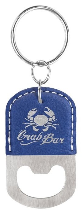2.5 x 1.5 in. Oval Leatherette Bottle Opener Keychain blue/silver — catalog reference 886