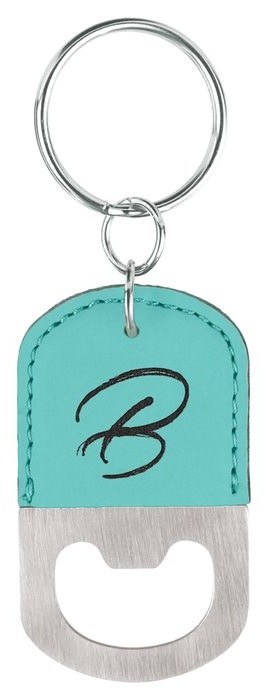 2.5 x 1.5 in. Oval Leatherette Bottle Opener Keychain teal/black — catalog reference 882