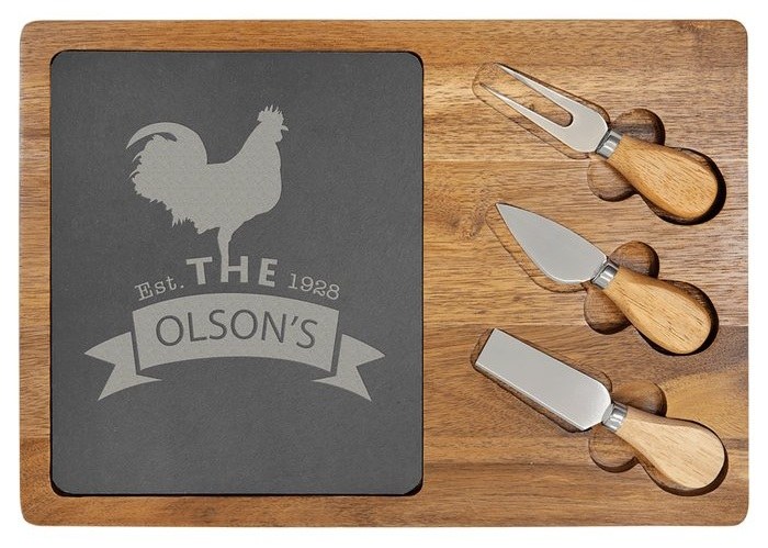 13.75 x 9.75 in. Acacia Wood/Slate Rectangle Cheese Set with Three Tools — catalog reference 1030