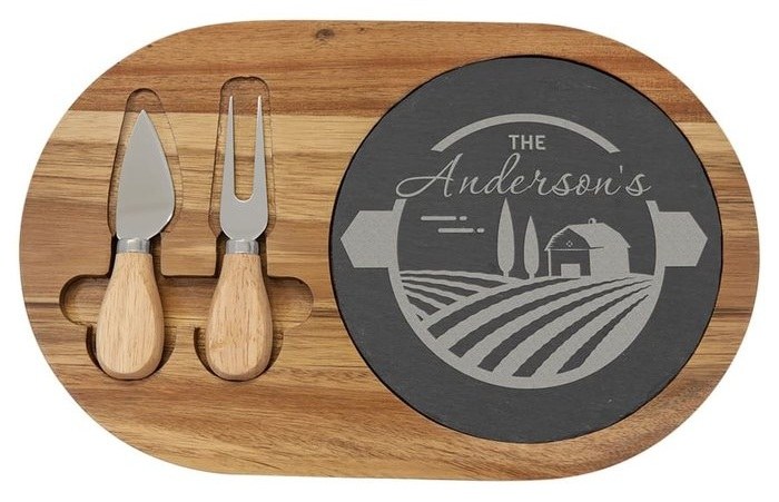12.5 x 7.75 in. Acacia Wood/Slate Oval Cheese Set with Two Tools — catalog reference 1031