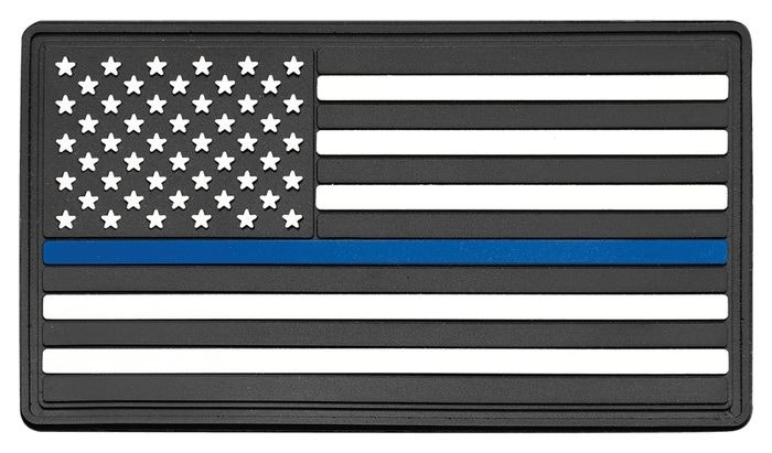 1 3/4" x 3 1/4" Blue Line American Flag PVC Patch representing support for law enforcement - Premium Adhesive included — catalog reference 215