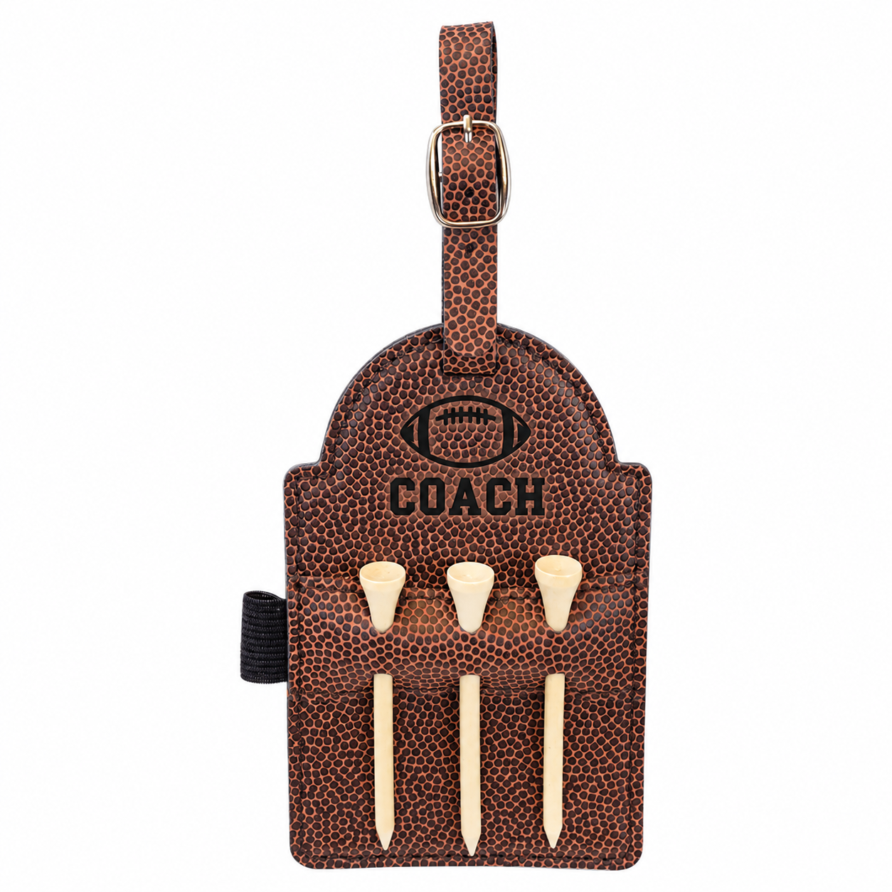 5" x 3 1/4" Football Leatherette Golf Bag Tag with 3 Wooden Tees — catalog reference 2315