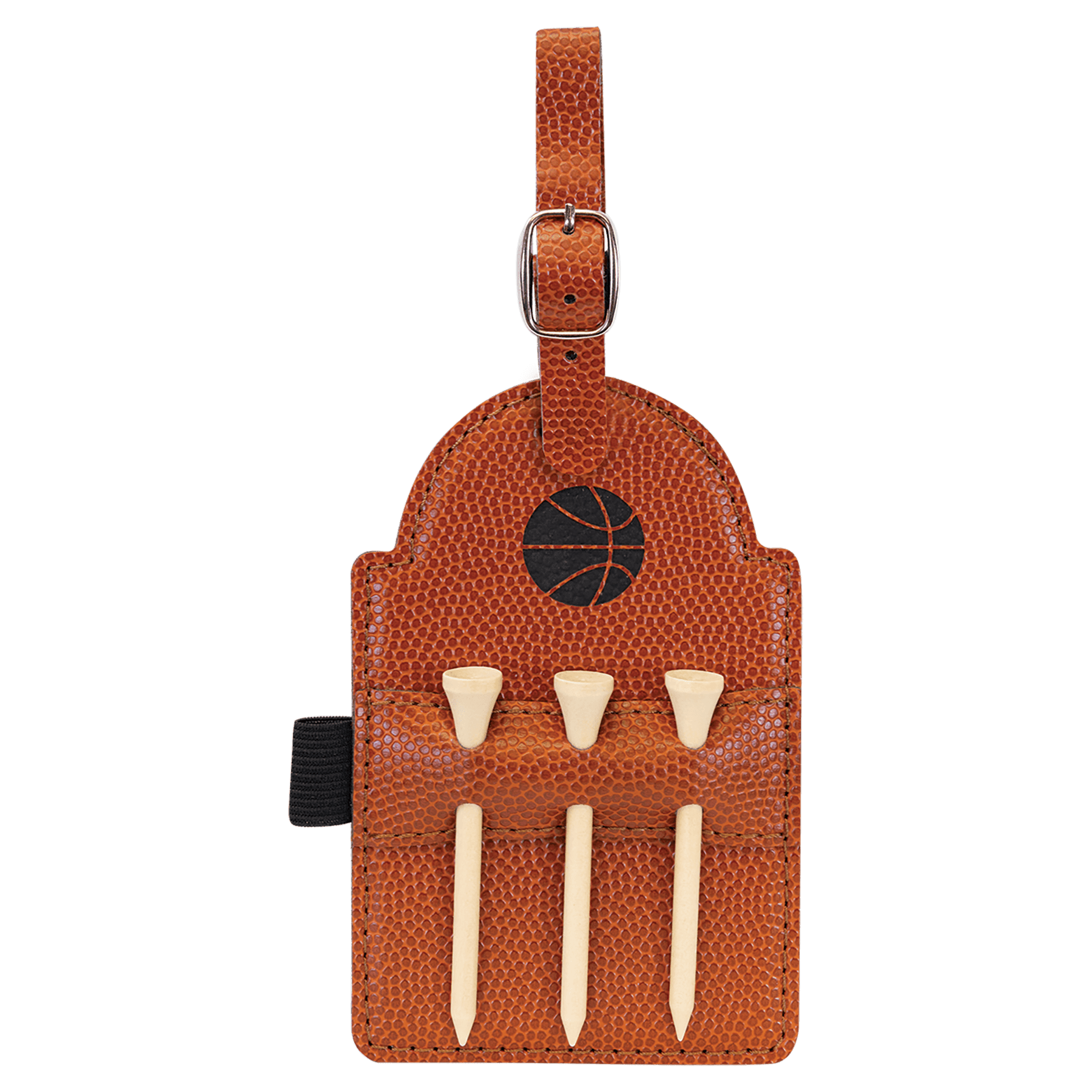 5" x 3 1/4" Basketball Leatherette Golf Bag Tag with 3 Wooden Tees — catalog reference 2324
