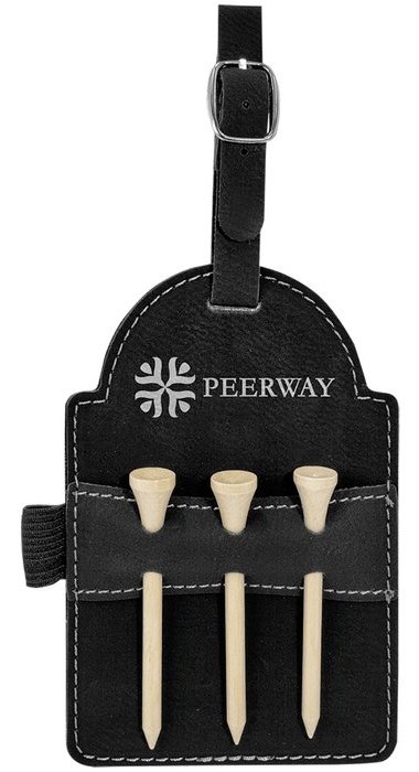 5 x 3.25 in. Leatherette Golf Bag Tag with 3 Wooden Tees black/silver — catalog reference 928