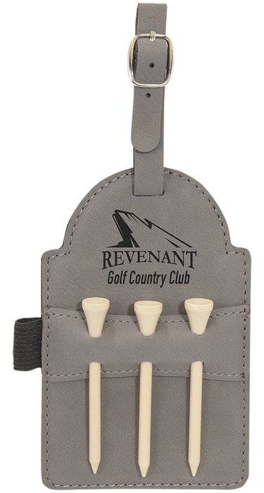 5 x 3.25 in. Leatherette Golf Bag Tag with 3 Wooden Tees gray/black — catalog reference 926