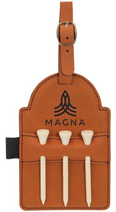 5 x 3.25 in. Leatherette Golf Bag Tag with 3 Wooden Tees rawhide/black — catalog reference 925
