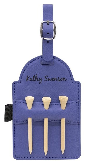 5 x 3.25 in. Leatherette Golf Bag Tag with 3 Wooden Tees purple/black — catalog reference 933