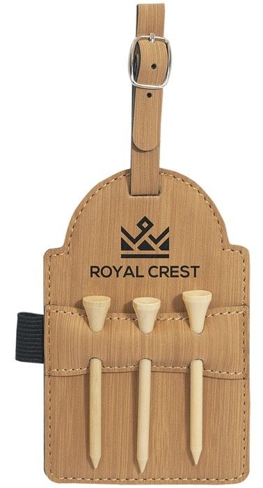 5 x 3.25 in. Leatherette Golf Bag Tag with 3 Wooden Tees bamboo/black — catalog reference 931