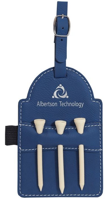 5 x 3.25 in. Leatherette Golf Bag Tag with 3 Wooden Tees blue/silver — catalog reference 930