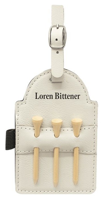 5 x 3.25 in. Leatherette Golf Bag Tag with 3 Wooden Tees white/black — catalog reference 932