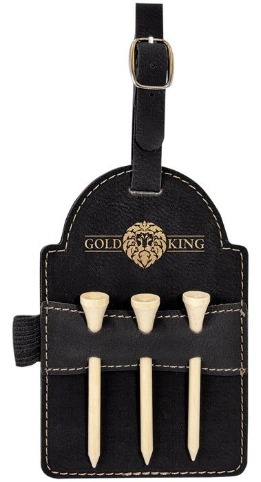 5 x 3.25 in. Leatherette Golf Bag Tag with 3 Wooden Tees black/gold — catalog reference 924