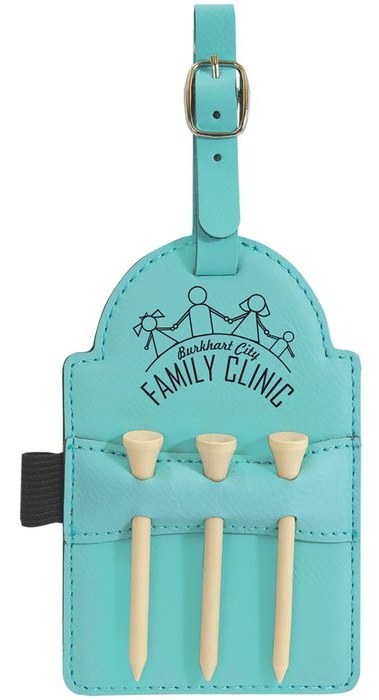 5 x 3.25 in. Leatherette Golf Bag Tag with 3 Wooden Tees teal/black — catalog reference 929