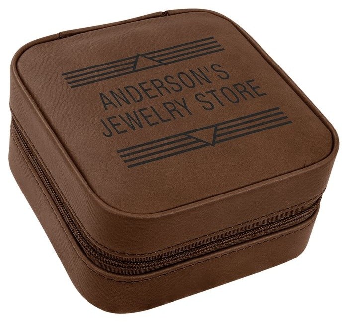 4 x 4 in. Leatherette Travel Jewelry Box with Tan Lining dark brown/black — catalog reference 982