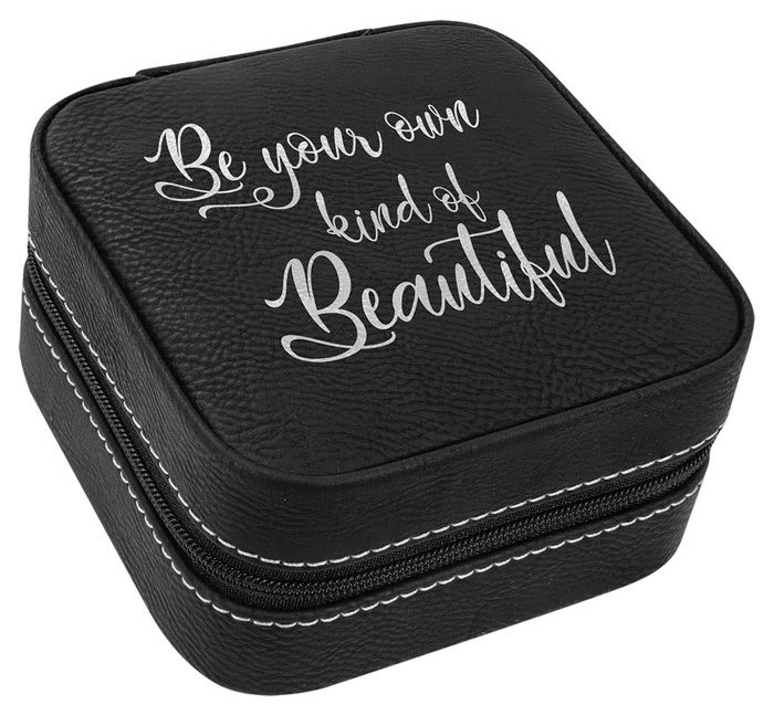 4 x 4 in. Leatherette Travel Jewelry Box with Tan Lining black/silver — catalog reference 985
