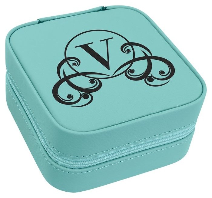 4 x 4 in. Leatherette Travel Jewelry Box with Tan Lining teal/black — catalog reference 987