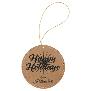 Light Brown Leatherette Round Ornament with Gold String — catalog reference 2236