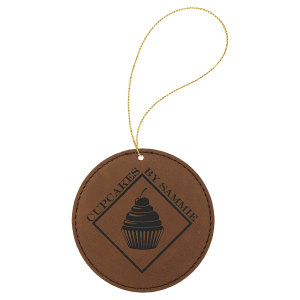Dark Brown Leatherette Round Ornament with Gold String — catalog reference 2237