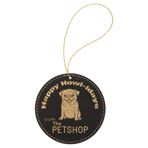 Black/Gold Leatherette Round Ornament with Gold String — catalog reference 2238