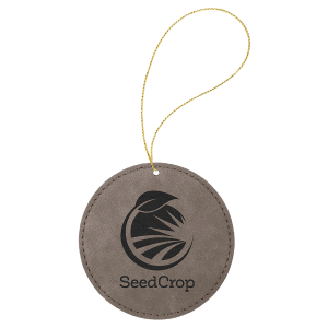 Gray Leatherette Round Ornament with Gold String — catalog reference 2240