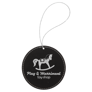 Black/Silver Leatherette Round Ornament with Silver String — catalog reference 2242