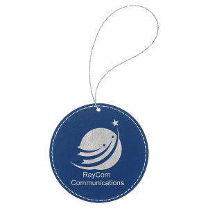 Blue/Silver Leatherette Round Ornament with Silver String — catalog reference 2244