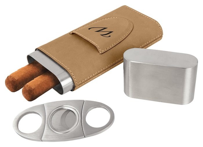 2.875 x 6.625 in. Leatherette Cigar Case with Cutter light brown/black — catalog reference 914