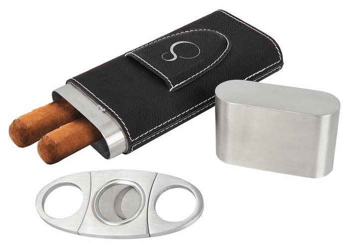 2.875 x 6.625 in. Leatherette Cigar Case with Cutter black/silver — catalog reference 918