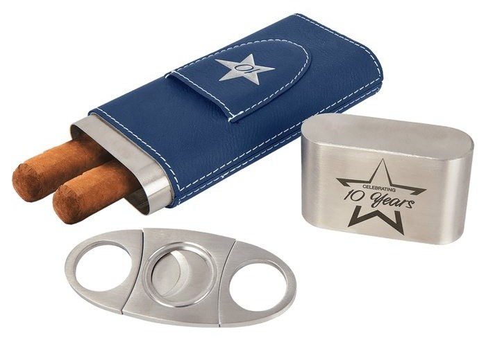 2.875 x 6.625 in. Leatherette Cigar Case with Cutter blue/silver — catalog reference 920