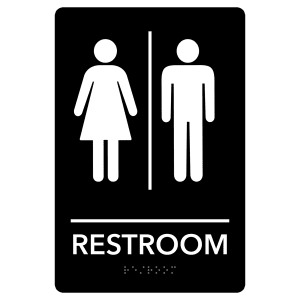 Unisex Restroom Pre-Designed ADA Sign, Black/White, 6" x 9" — catalog reference 2128