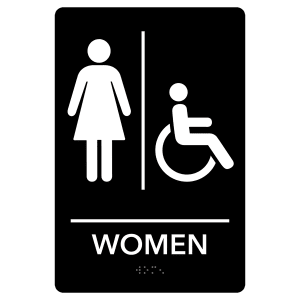 Women Accessible Restroom Pre-Designed ADA Sign, Black/White, 6" x 9" — catalog reference 2131
