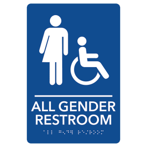All Gender Assessible Restroom Pre-Designed ADA Sign, Blue/White, 6" x 9" — catalog reference 2136
