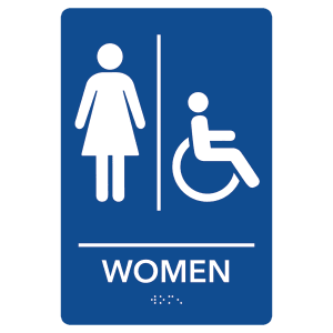 Women Accessible Restroom Pre-Designed ADA Sign, Blue/White, 6" x 9" — catalog reference 2137