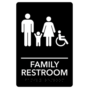Family Accessible Restroom Pre-Designed ADA Sign, Black/White, 6" x 9" — catalog reference 2141