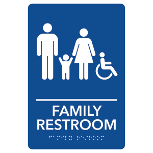 Family Accessible Restroom Pre-Designed ADA Sign, Blue/White, 6" x 9" — catalog reference 2142