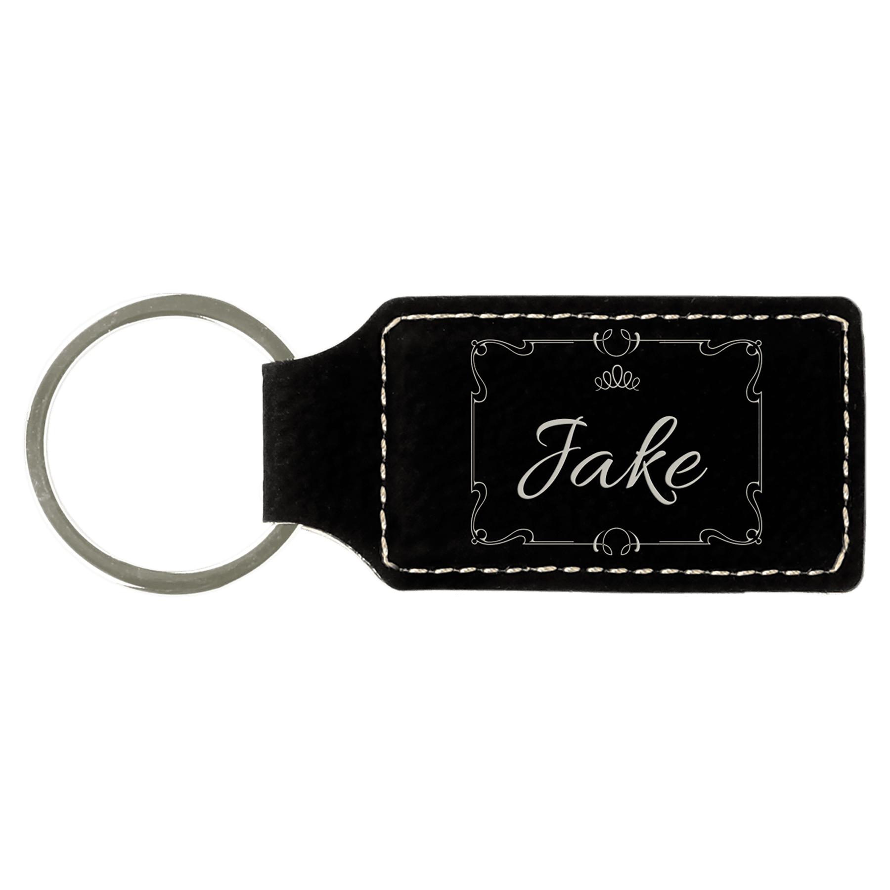 2 3/4 x 1 1/4 in. Black/Silver Plain Leatherette Rectangle Keychain — Ref 2348