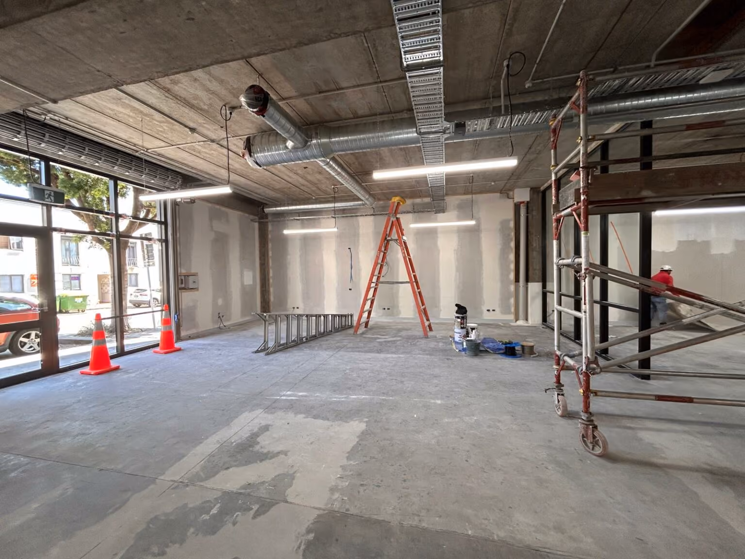 Commercial tenancy mid fit-out with scaffolding and new ceiling services