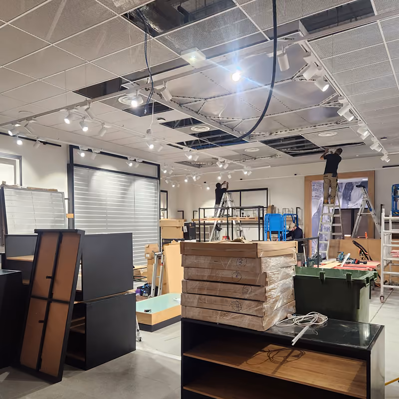Levi's Westfield Albany store fit-out in progress with track lighting going in