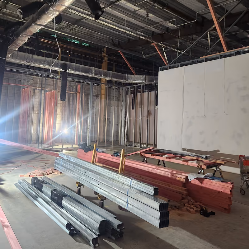 Levi's Westfield Albany fit-out materials and framing on site