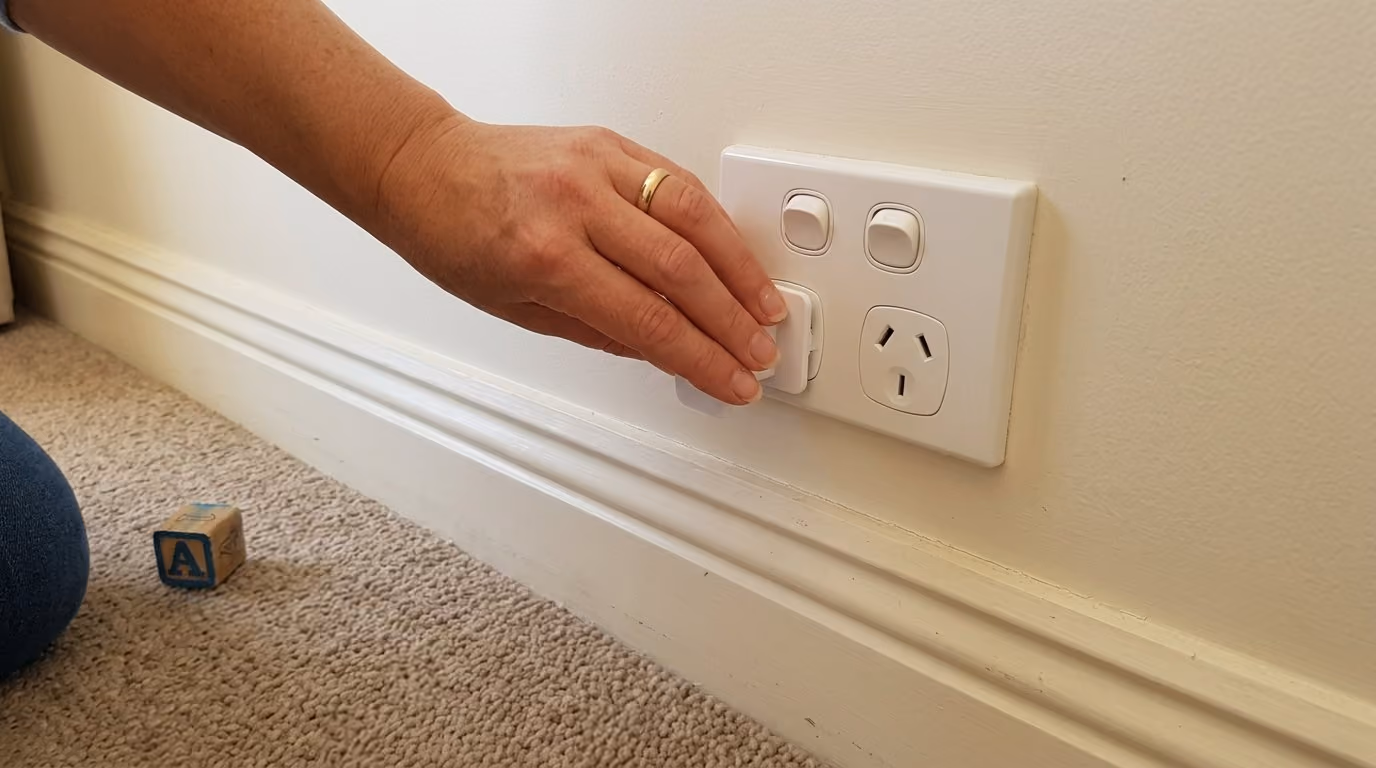 Hand pushing a white safety plug cover into a New Zealand wall socket above the skirting board