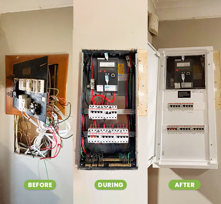 Old fuse board, rewiring in progress and the finished switchboard, side by side
