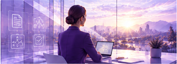 Professional in a glass environment looking across a sunrise landscape