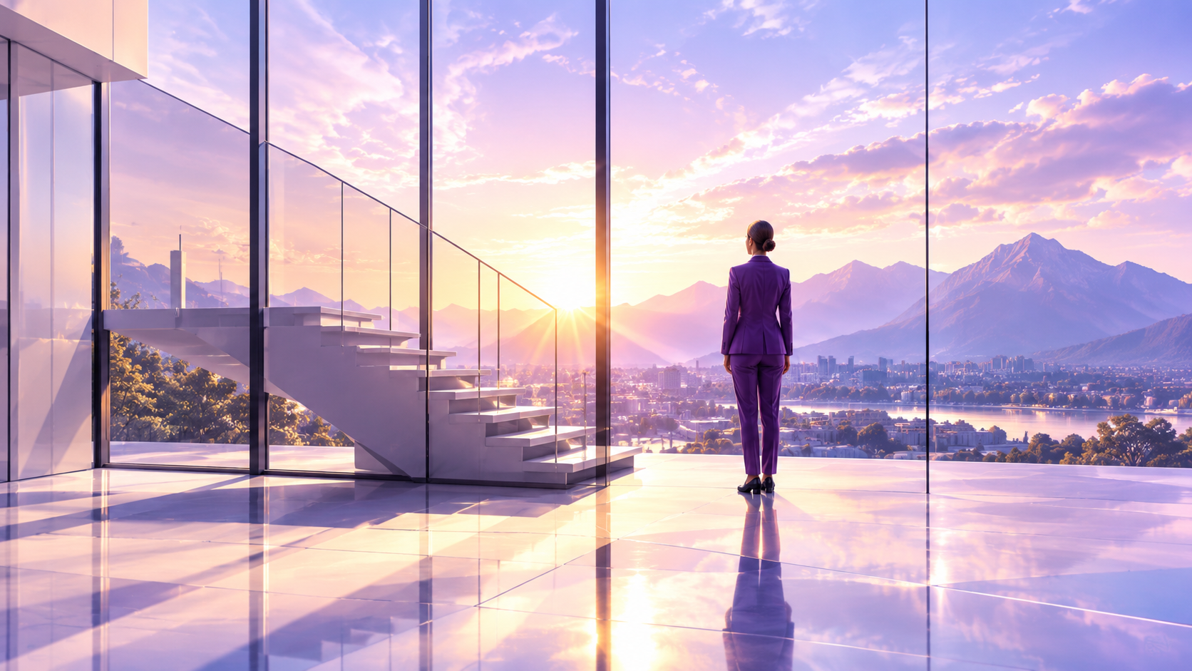 Contemplative figure in a luminous glass corridor