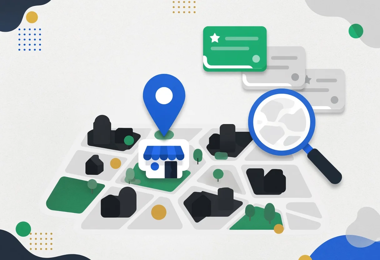 Illustration of a city map with a location pin over a local shop, a magnifying glass and search listings.