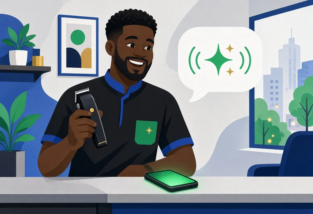Illustration of a smiling Black barber holding clippers while an AI assistant answers his glowing phone.
