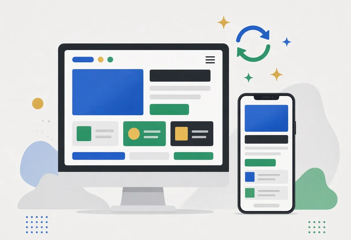 Illustration of a desktop and phone showing a simple website, with refresh arrows signaling updates.